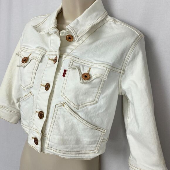 Vtg Levi’s Cropped Jean Jacket Womens Medium Beige Stretch Denim Trucker Y2K - Picture 2 of 16